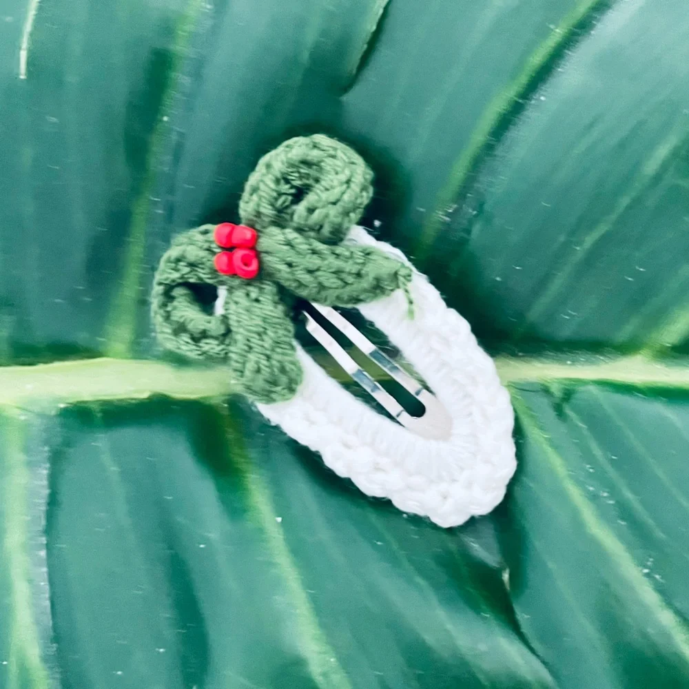 Artisan handcrafted holiday Christmas crochet hair clips Tree, mitten, bows New